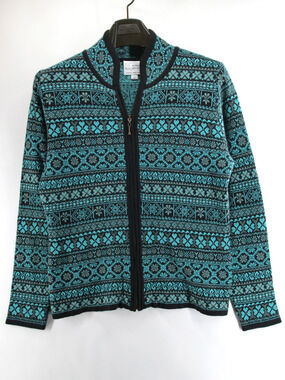 Alpaca Imports Wool Blend Full Zip Cardigan Sweater Teal Fair Isle Womens Large